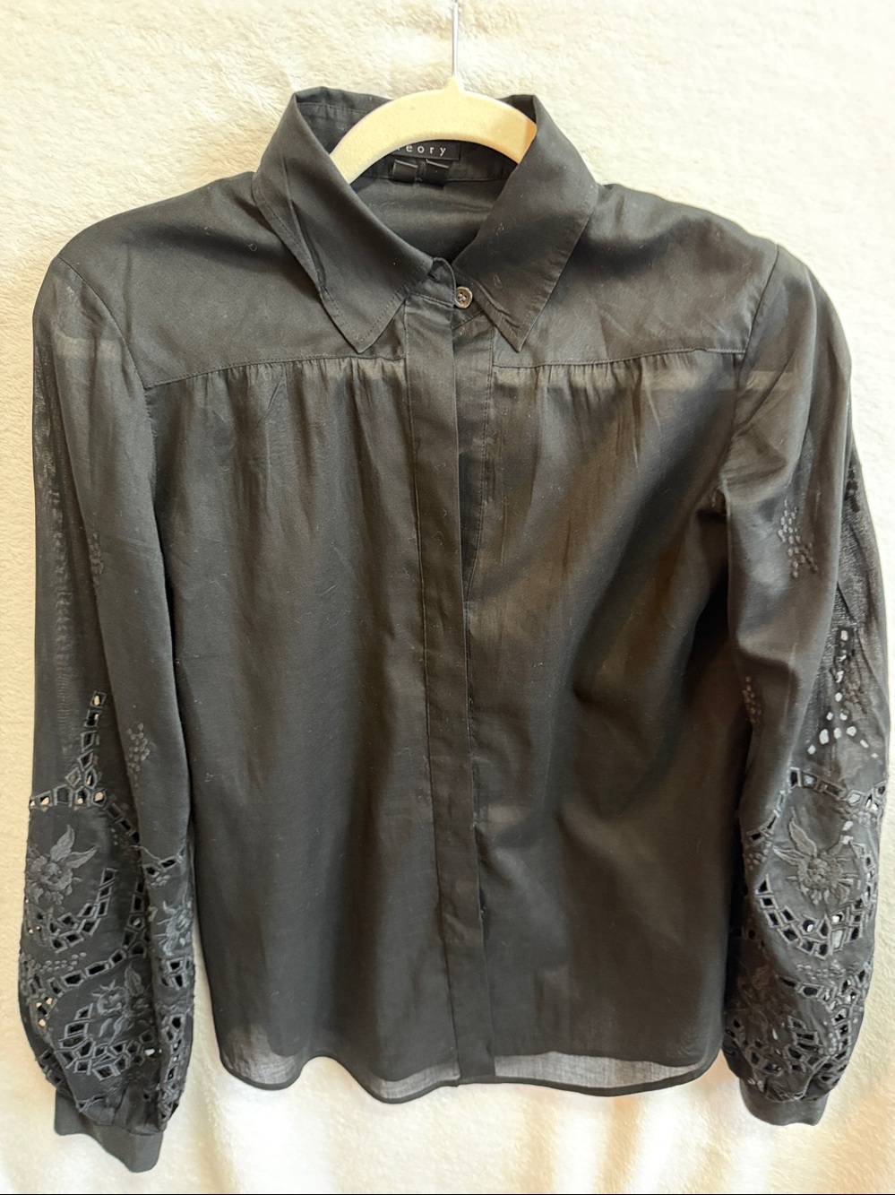 Theory Black Eyelet Sleeve Button-Up Blouse